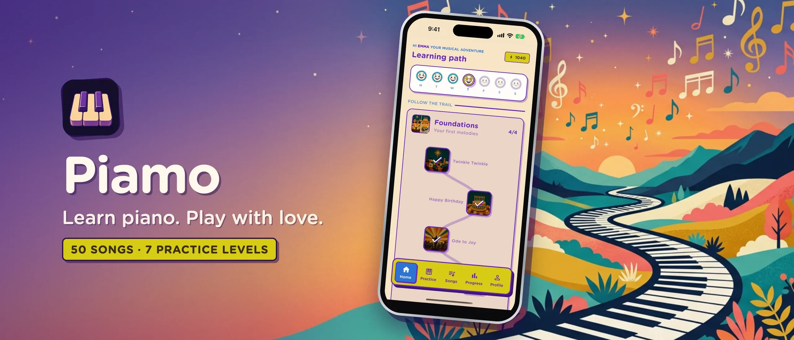 Piamo: Learn piano. Play with love. A retro trail of piano keys winds through colorful hills beside the app’s learning path.
